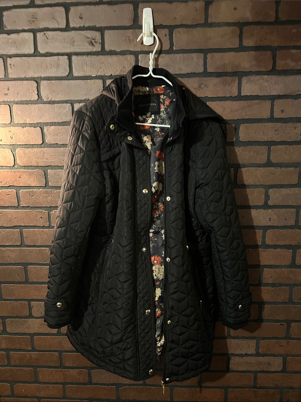 Weatherproof Black Quilted Puffer Coat with Floral Lining
